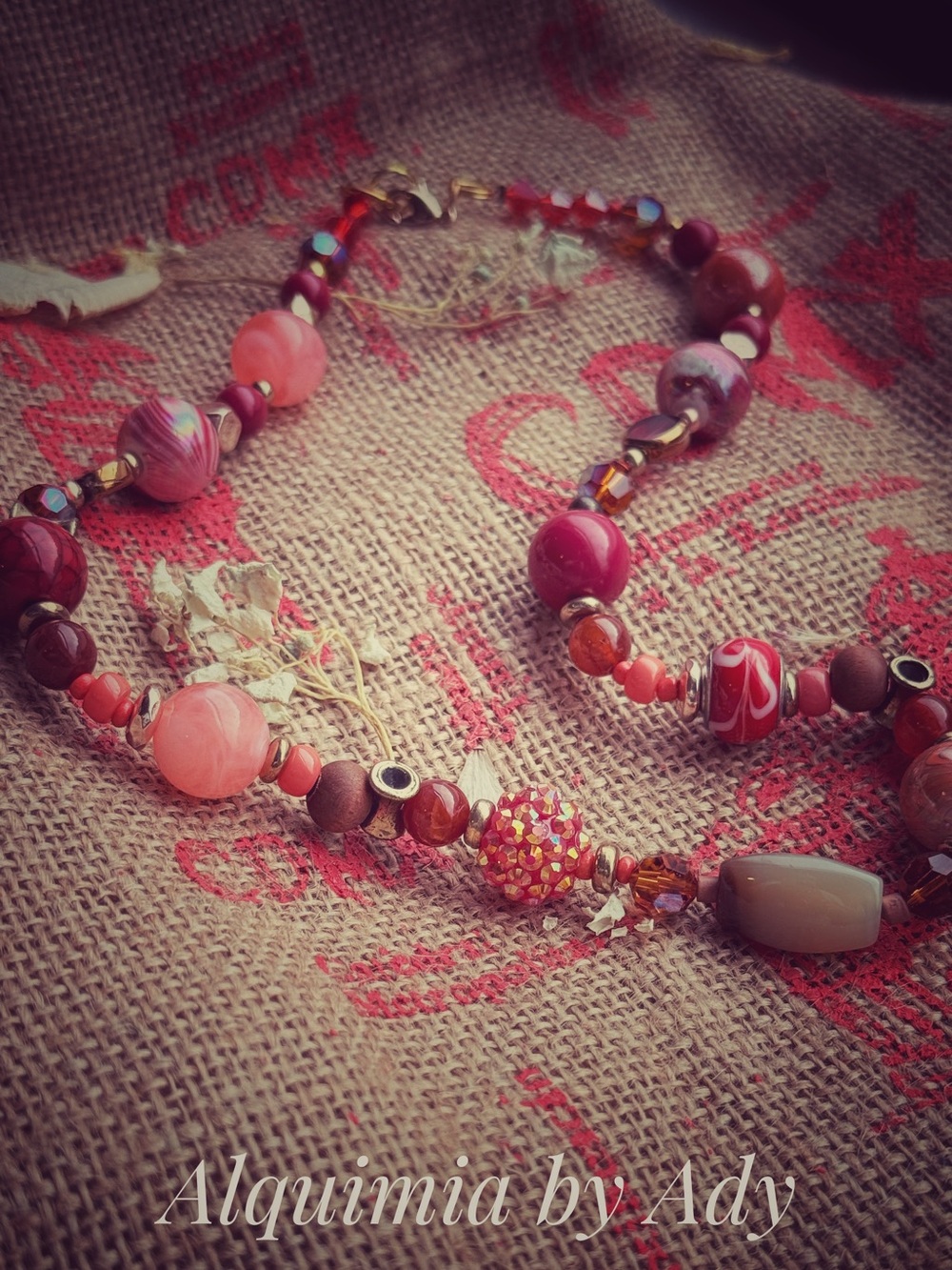 Fall Coral, Pink & Red Mixed Bead Necklace with agate focal